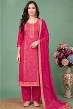 Rani Silk Bandhani Printed and Zari Woven Unstitched Suit Fabric