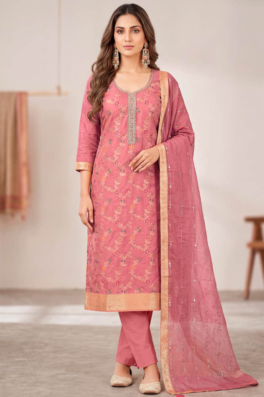 Dusty Peach Silk Resham And Zari Woven Unstitched Suit Fabric