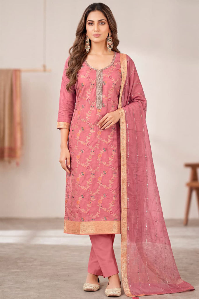 Dusty Peach Silk Resham And Zari Woven Unstitched Suit Fabric