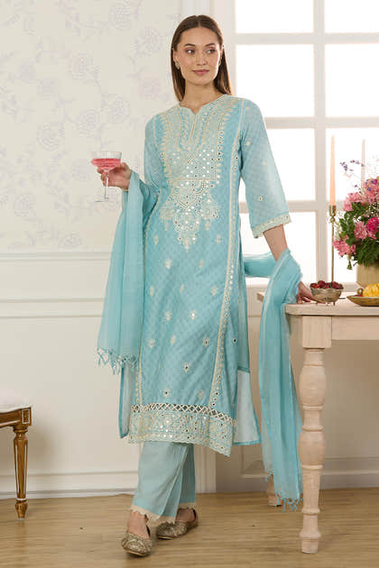 Light Blue Cotton Mirror Work & Resham Embroidered Suit