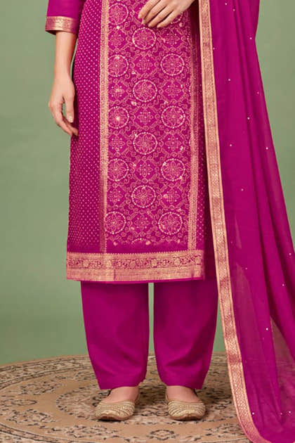 Magenta Silk Bandhani Printed and Zari Woven Unstitched Suit Fabric