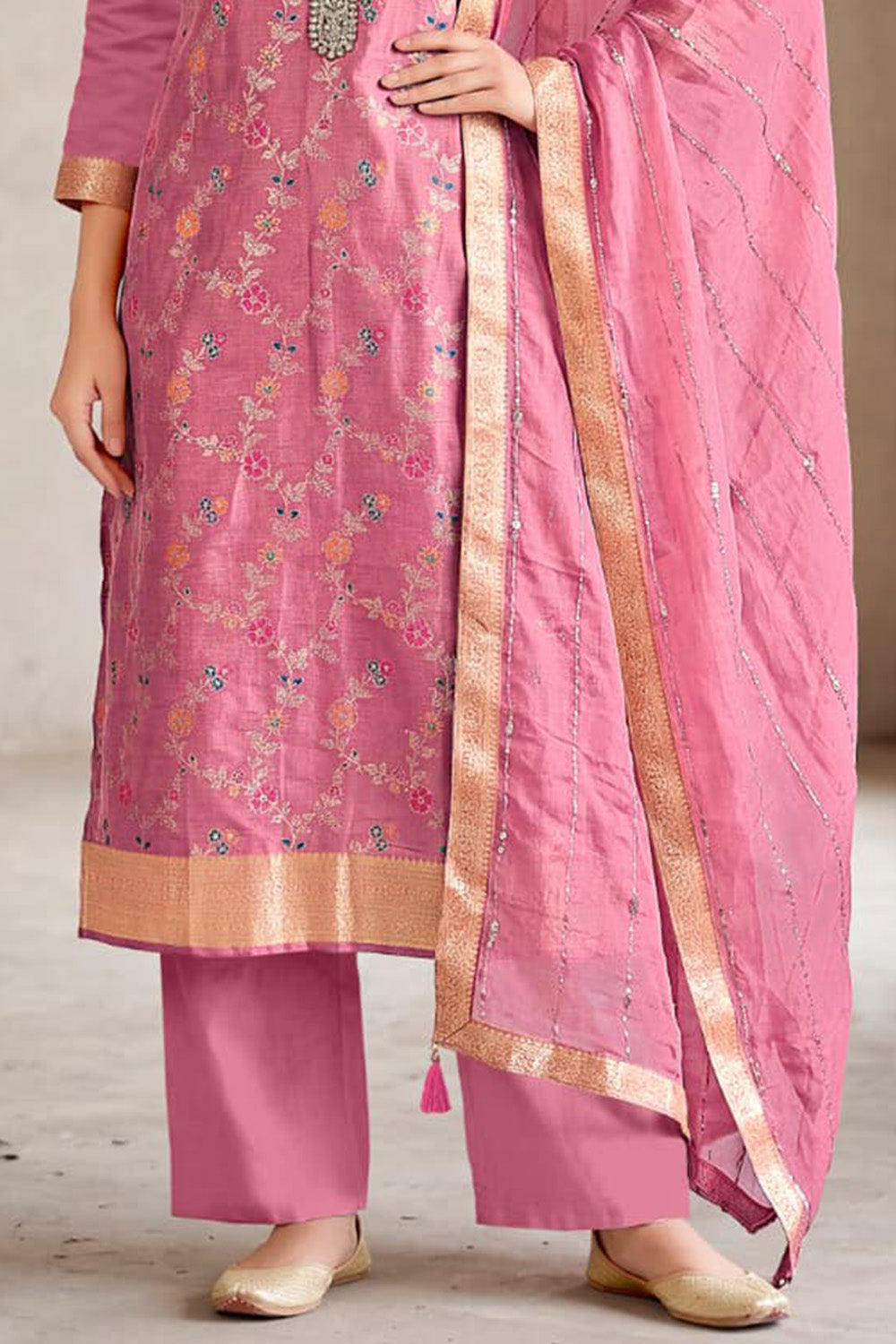 Pink Silk Resham And Zari Woven Unstitched Suit Fabric