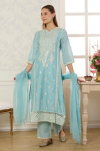 Light Blue Cotton Mirror Work & Resham Embroidered Suit