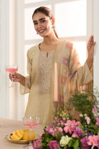 Beige Chanderi Cotton Resham And Zardosi Embroidered Unstitched Suit Material