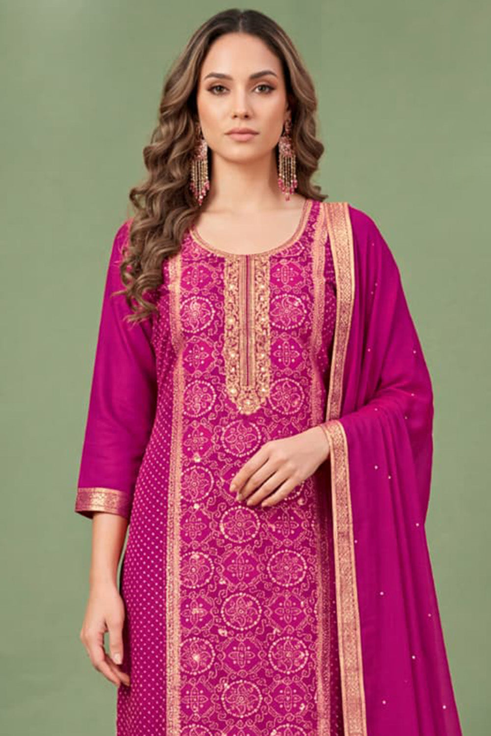 Magenta Silk Bandhani Printed and Zari Woven Unstitched Suit Fabric
