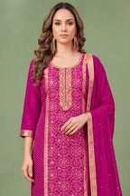 Magenta Silk Bandhani Printed and Zari Woven Unstitched Suit Fabric