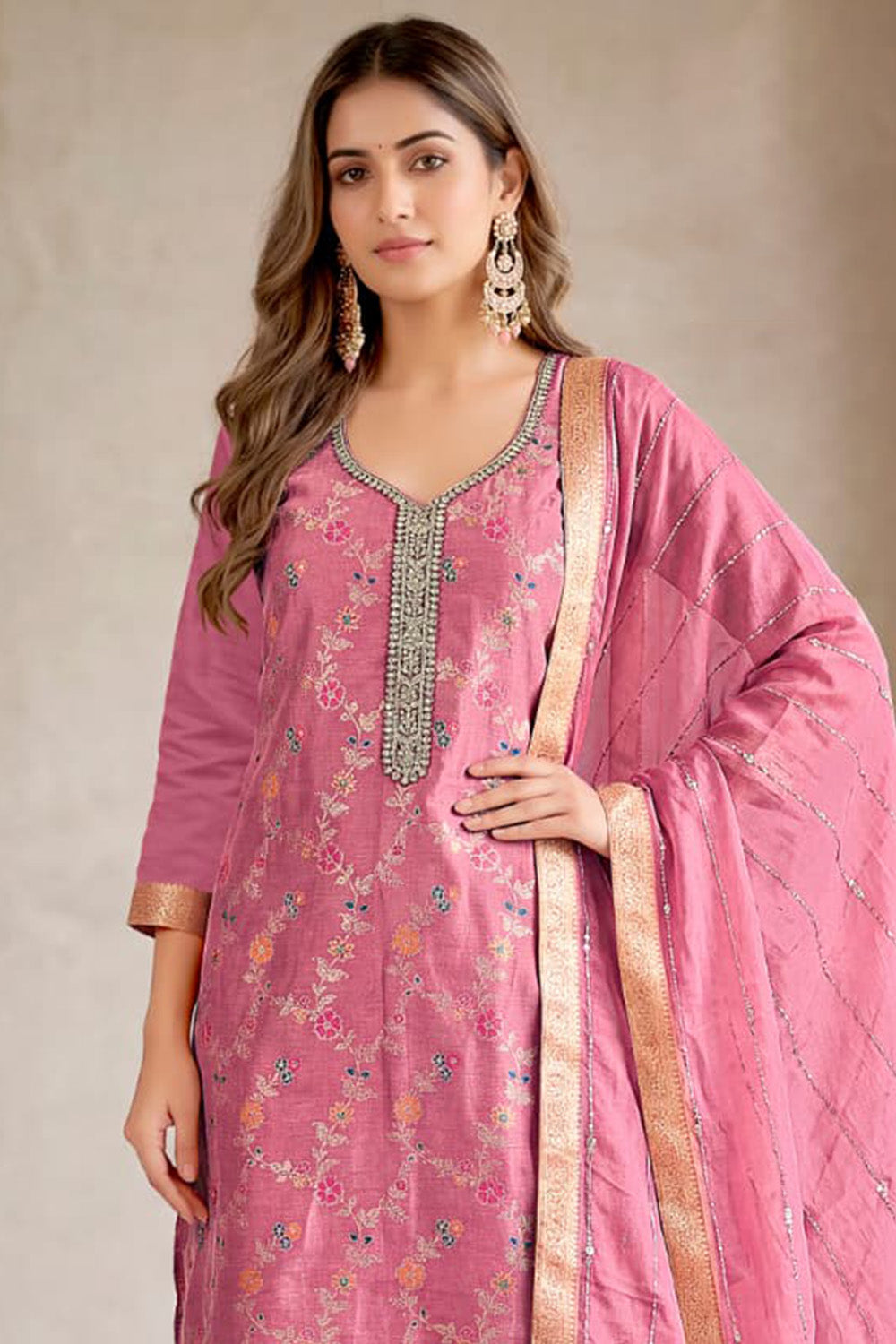Pink Silk Resham And Zari Woven Unstitched Suit Fabric