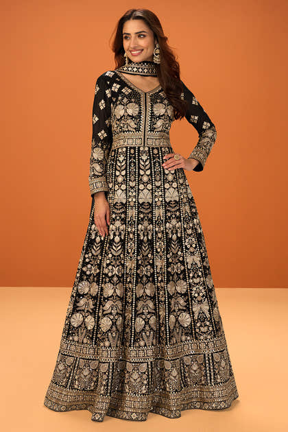 Black Georgette Heavy Embroidered Floor-Length Suit