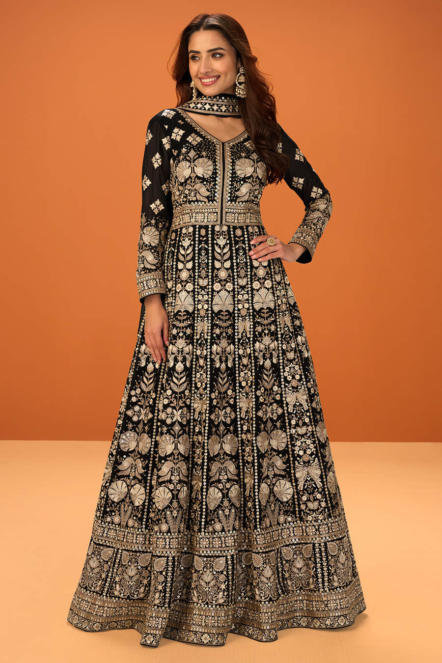 Black Georgette Heavy Embroidered Floor-Length Suit