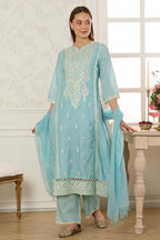 Light Blue Cotton Mirror Work & Resham Embroidered Suit
