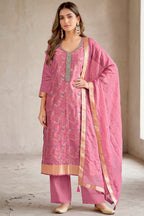 Pink Silk Resham And Zari Woven Unstitched Suit Fabric