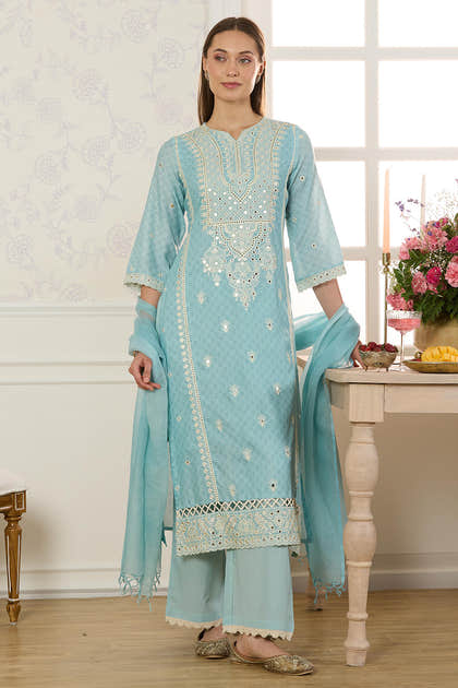 Light Blue Cotton Mirror Work & Resham Embroidered Suit