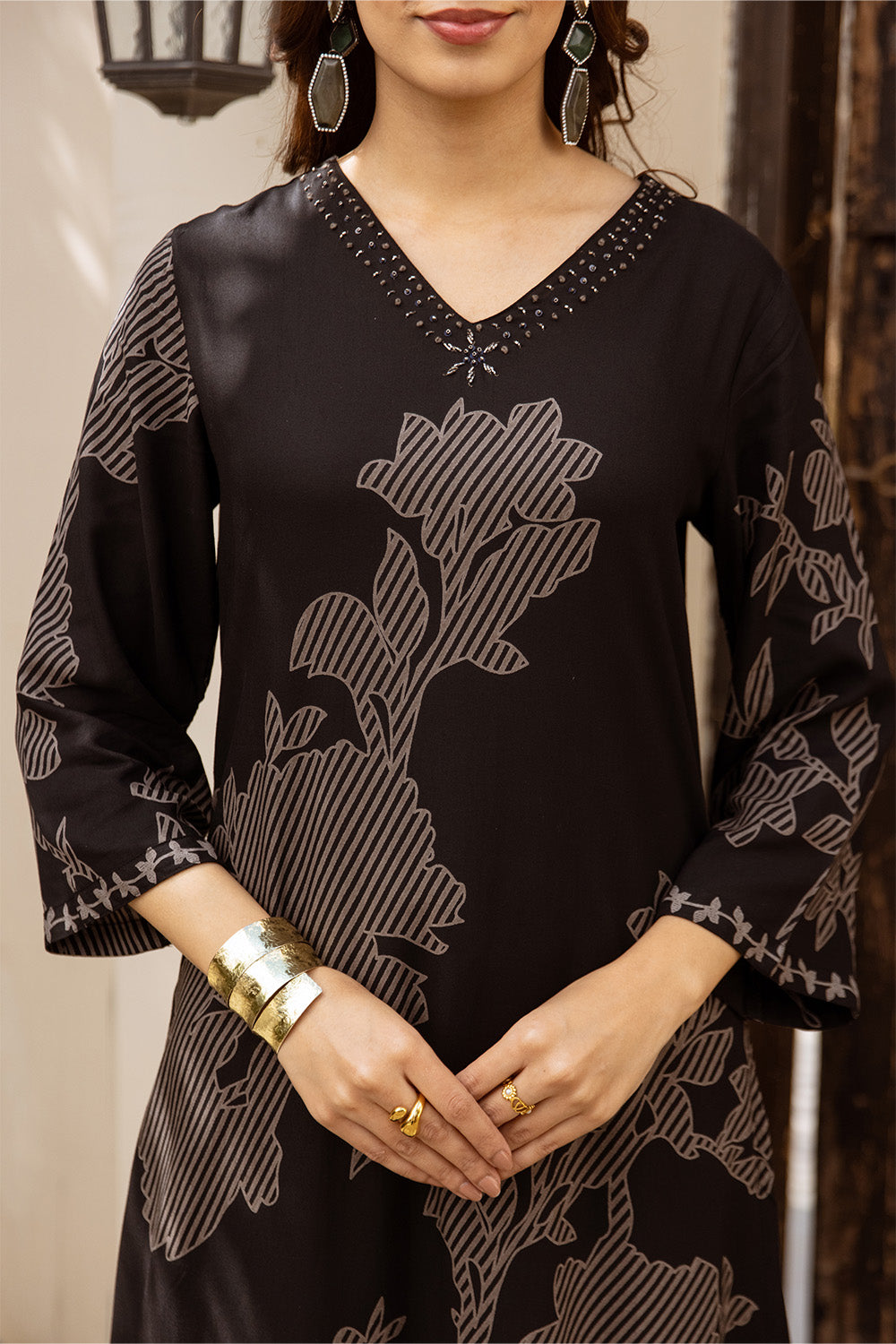 Black Rayon Cotton Floral Printed Kurta Set With Palazzo