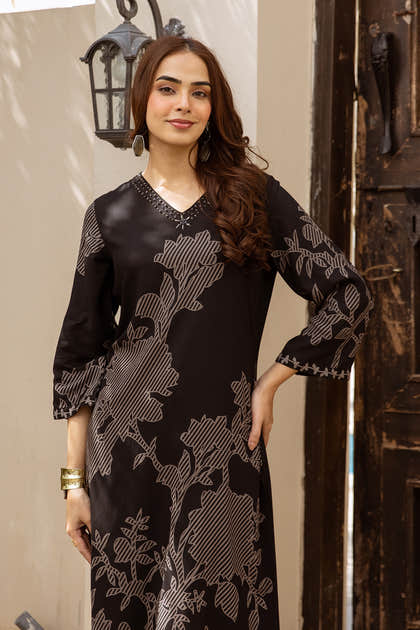 Black Rayon Cotton Floral Printed Kurta Set With Palazzo