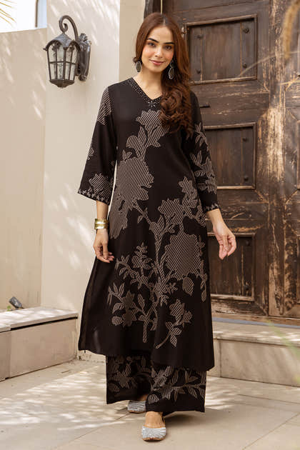 Black Rayon Cotton Floral Printed Kurta Set With Palazzo
