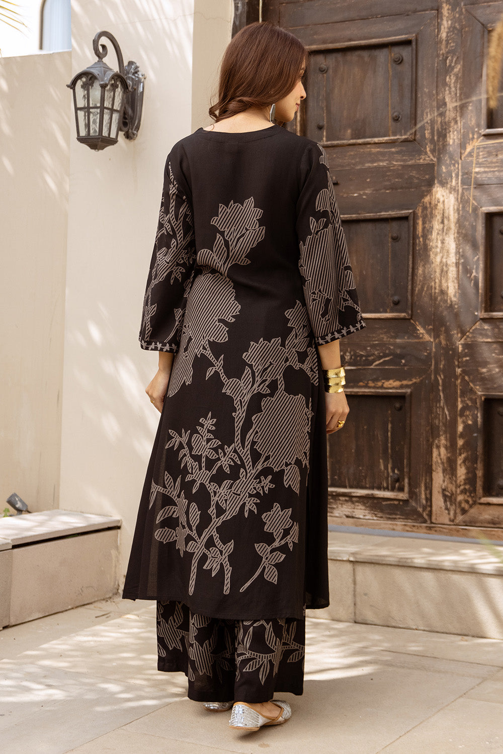 Black Rayon Cotton Floral Printed Kurta Set With Palazzo