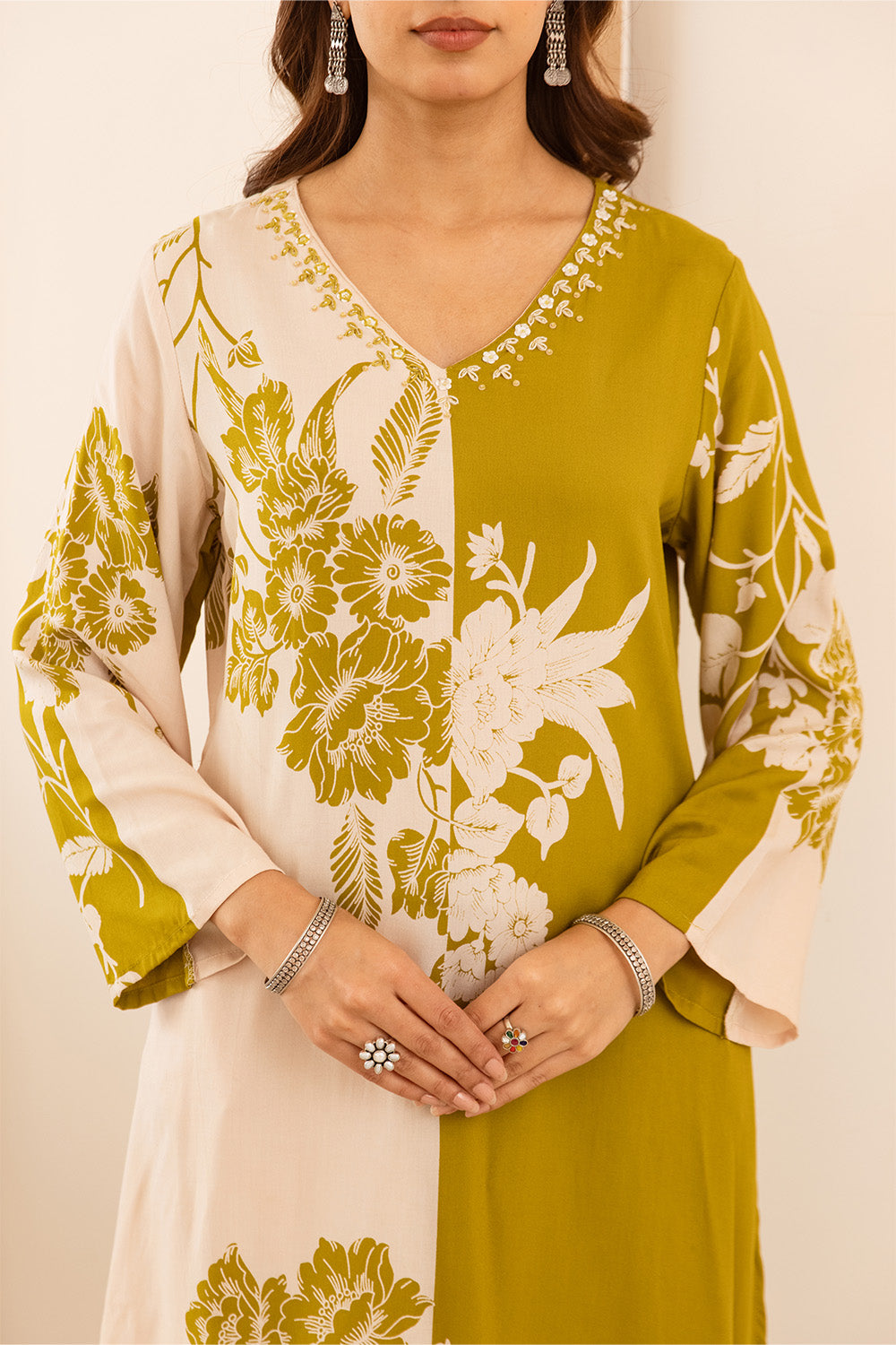 Light Green Rayon Cotton Floral Printed Kurta Set With Palazzo