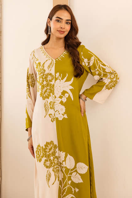 Light Green Rayon Cotton Floral Printed Kurta Set With Palazzo