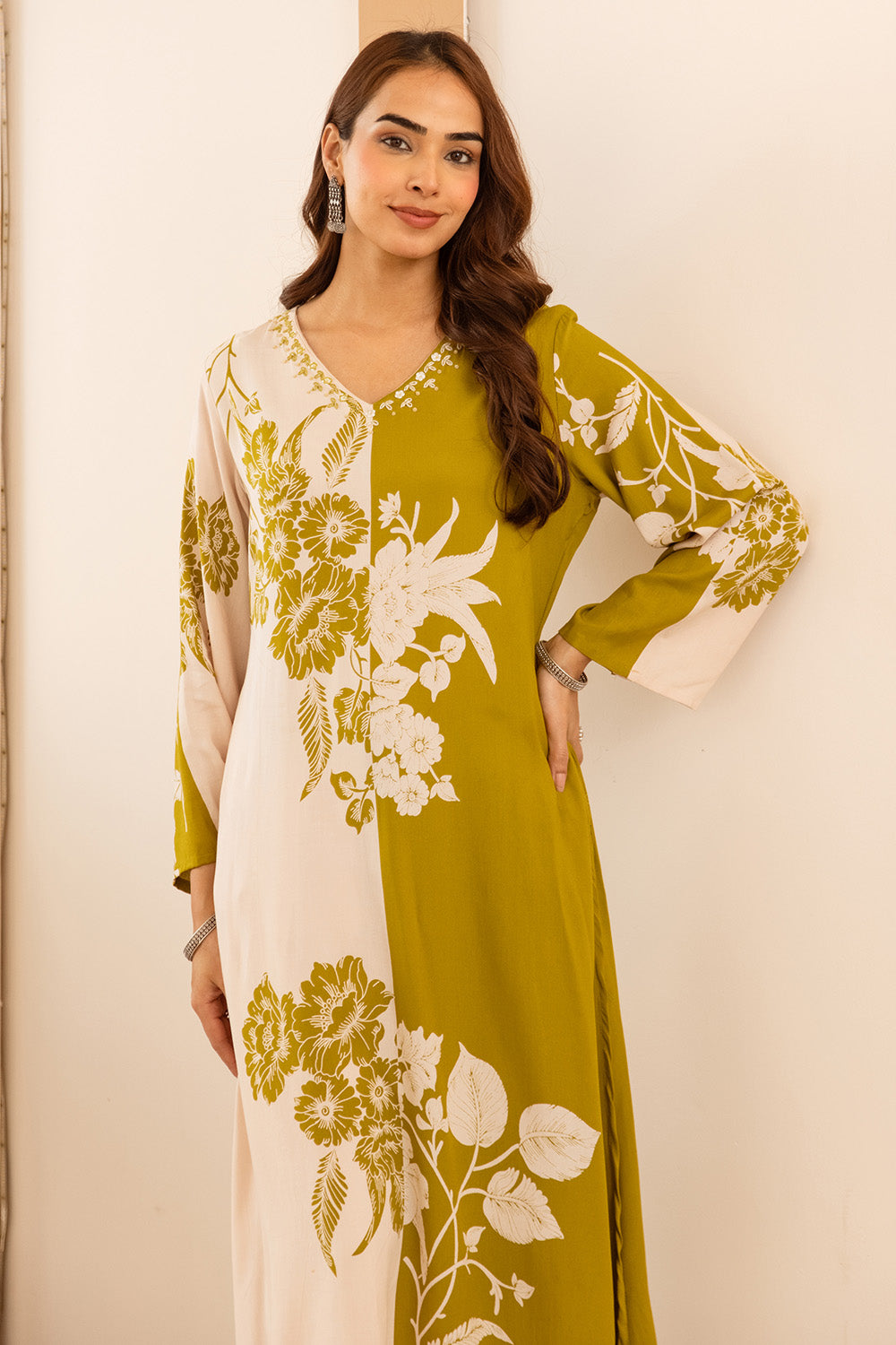 Light Green Rayon Cotton Floral Printed Kurta Set With Palazzo