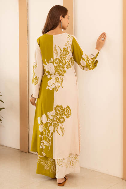 Light Green Rayon Cotton Floral Printed Kurta Set With Palazzo