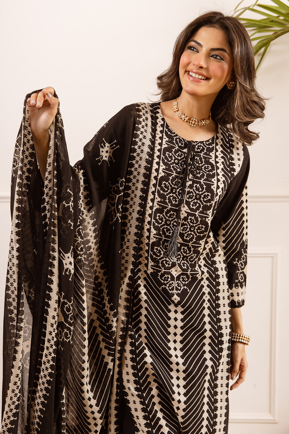 Black Cotton Printed Suit with Palazzo