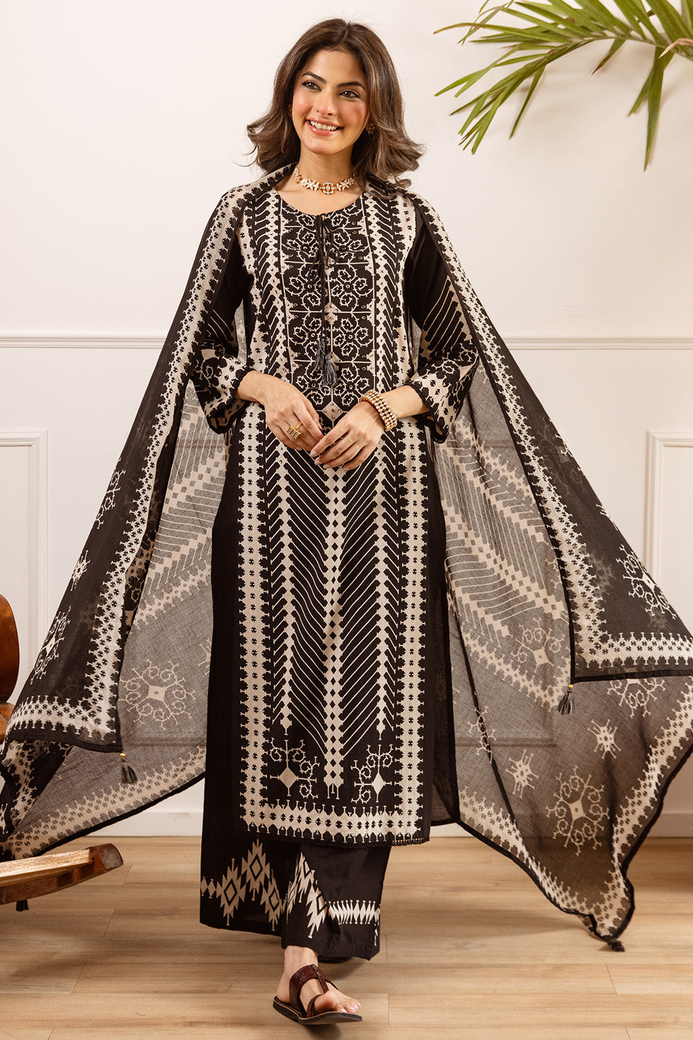 Black Cotton Printed Suit with Palazzo