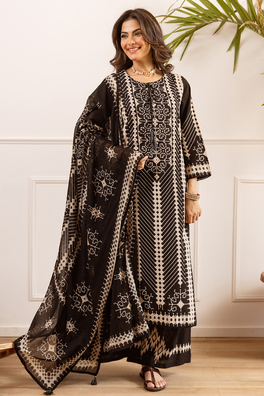Black Cotton Printed Suit with Palazzo
