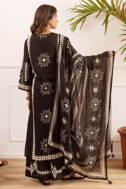 Black Cotton Printed Suit with Palazzo