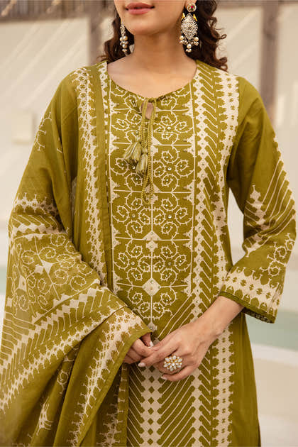 Green Cotton Printed Suit with Palazzo