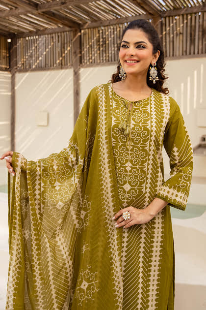 Green Cotton Printed Suit with Palazzo