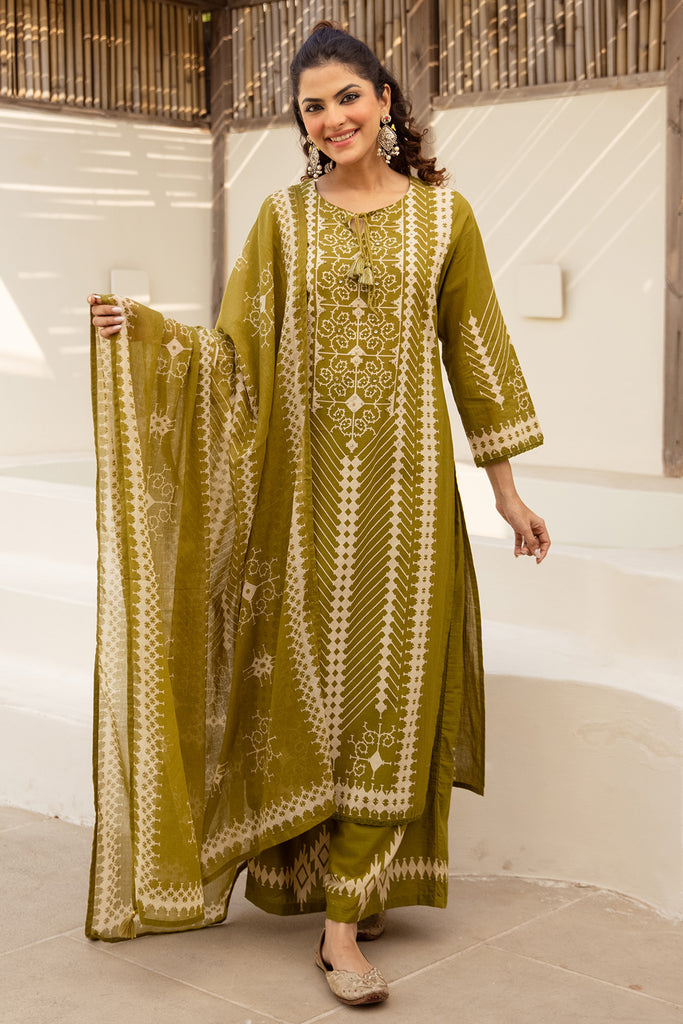 Green Cotton Printed Suit with Palazzo