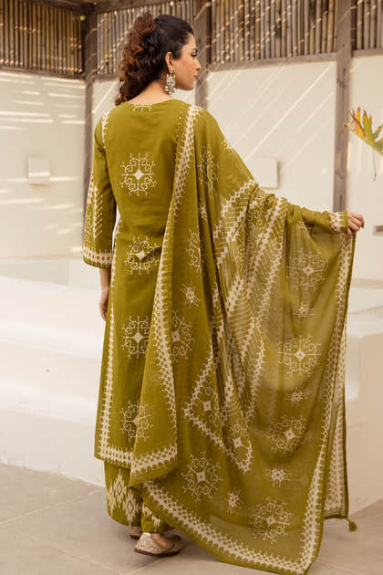 Green Cotton Printed Suit with Palazzo