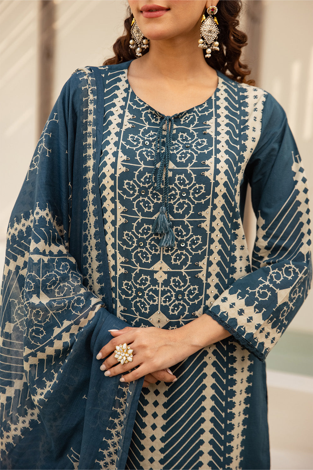 Teal Blue Cotton Printed Suit with Palazzo
