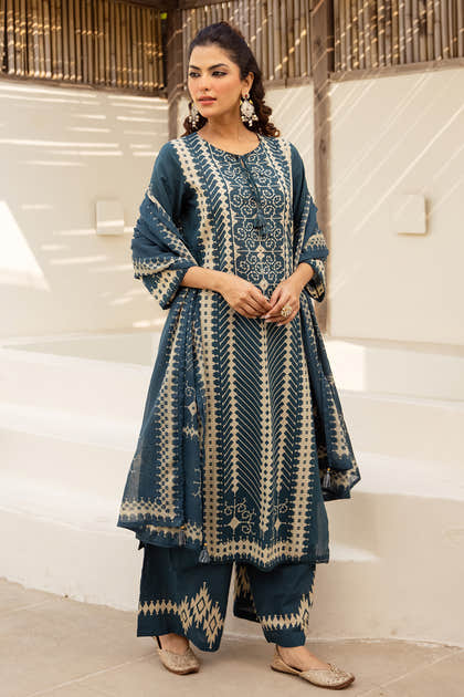 Teal Blue Cotton Printed Suit with Palazzo