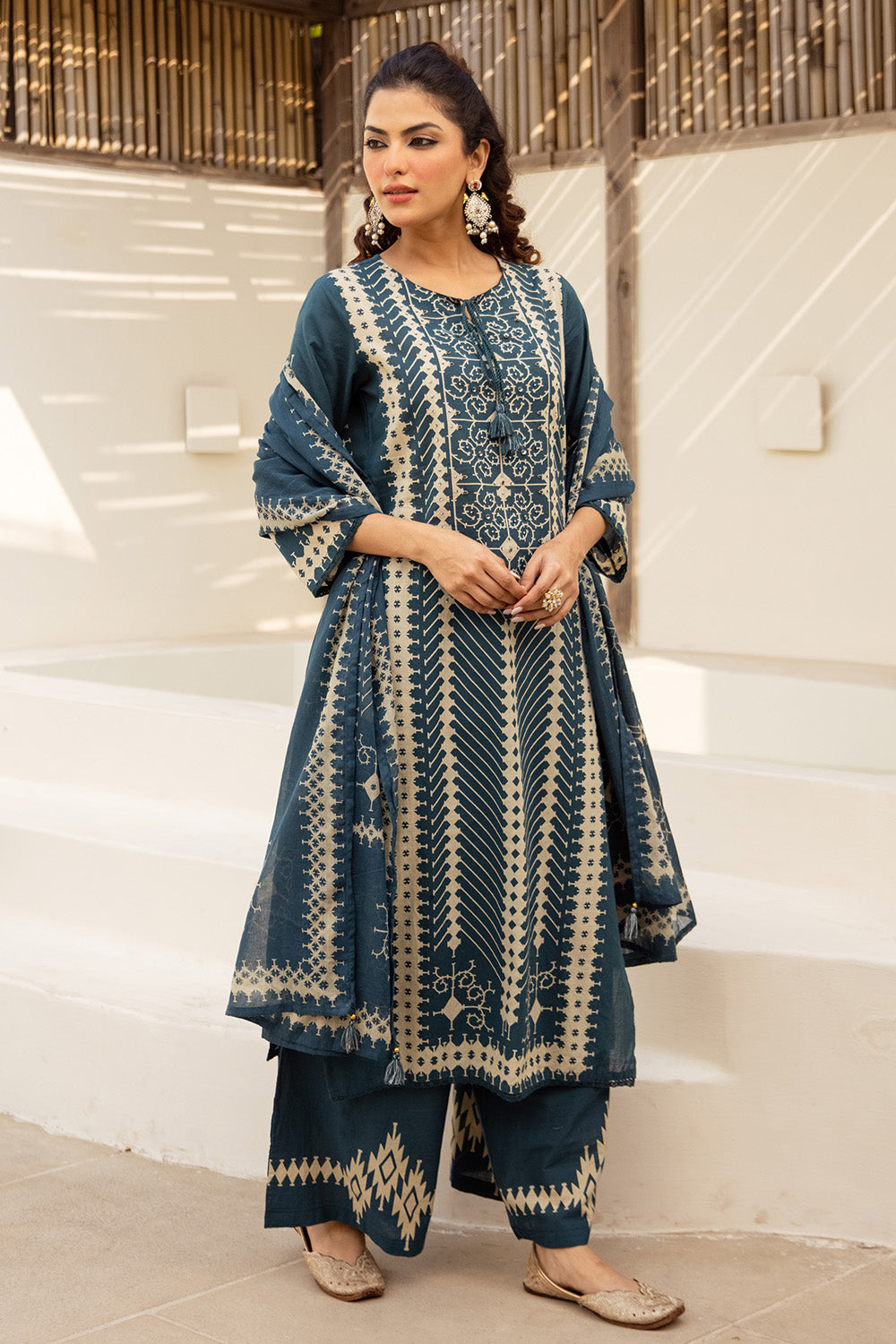 Teal Blue Cotton Printed Suit with Palazzo