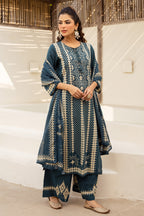 Teal Blue Cotton Printed Suit with Palazzo