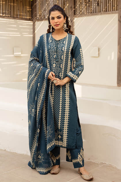 Teal Blue Cotton Printed Suit with Palazzo