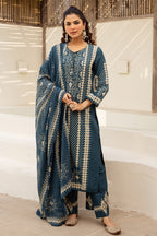 Teal Blue Cotton Printed Suit with Palazzo