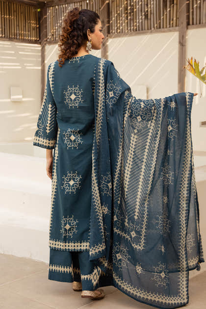 Teal Blue Cotton Printed Suit with Palazzo