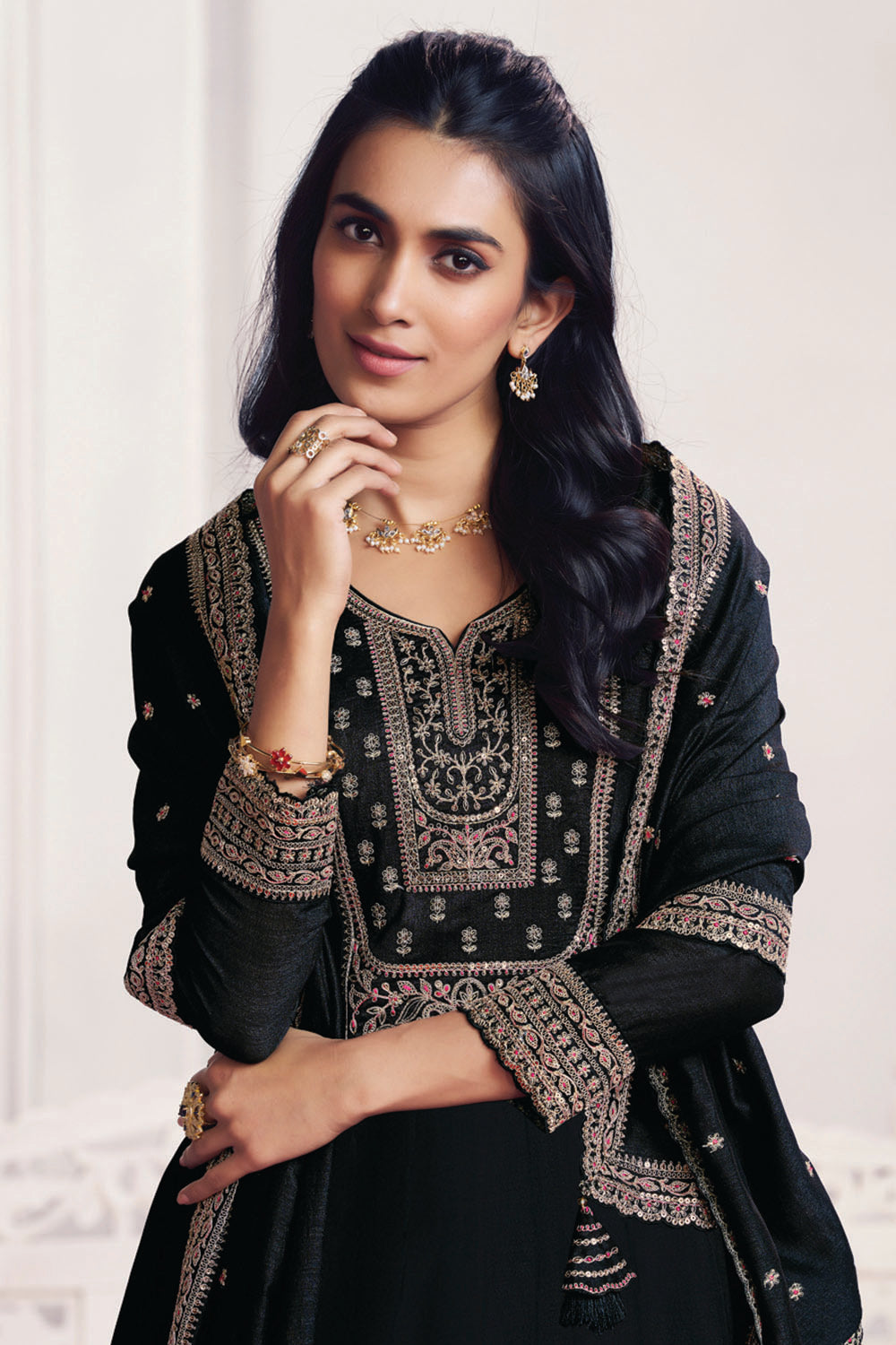 Black Crepe Silk Sequins & Zari Embroidered Anarkali Suit