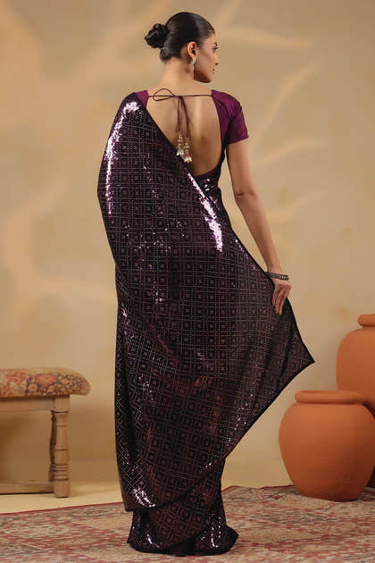 Wine Georgette Sequins Embroidered Saree