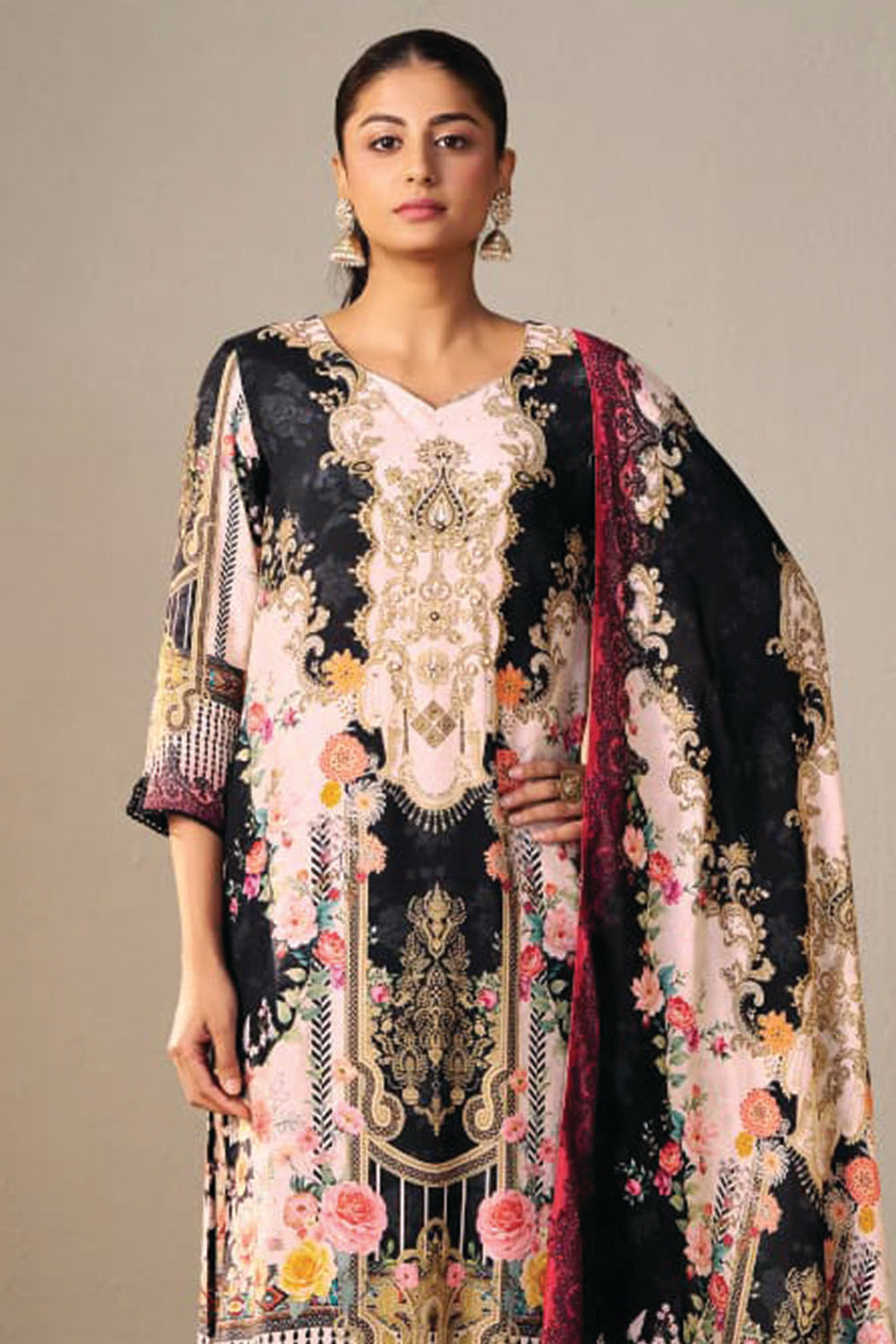 Black Color Chanderi Silk Printed Suit