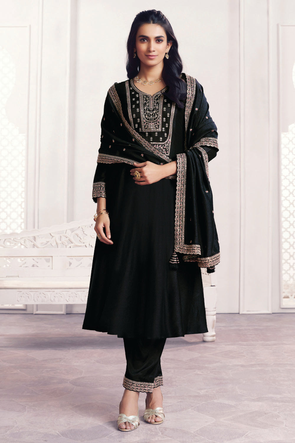 Black Crepe Silk Sequins & Zari Embroidered Anarkali Suit