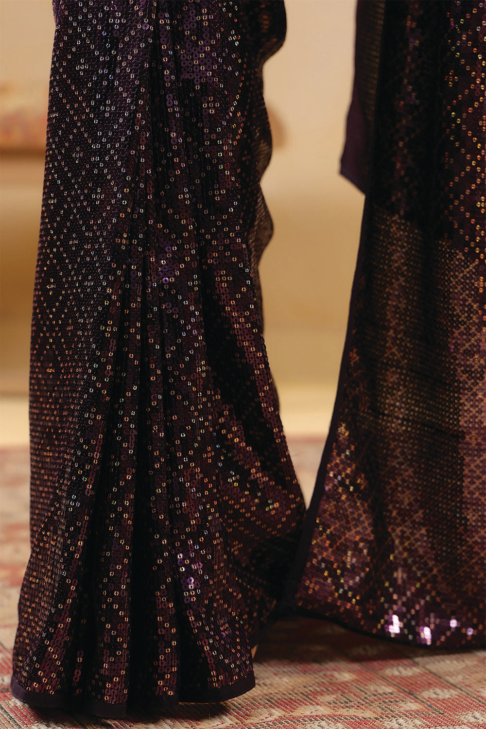 Wine Georgette Sequins Embroidered Saree
