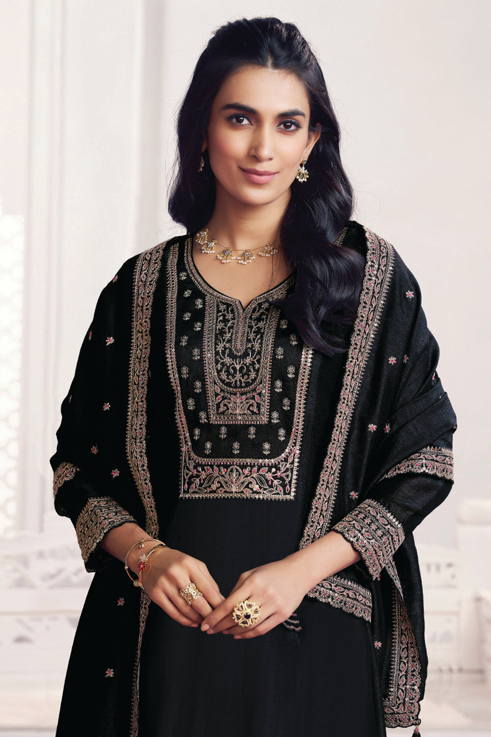 Black Crepe Silk Sequins & Zari Embroidered Anarkali Suit