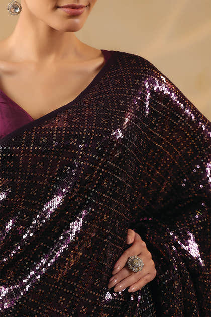 Wine Georgette Sequins Embroidered Saree