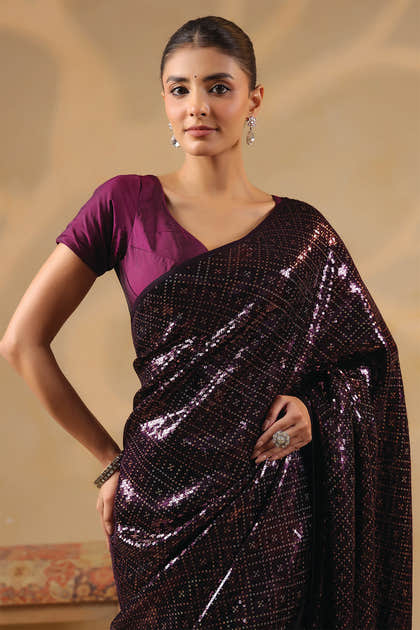Wine Georgette Sequins Embroidered Saree