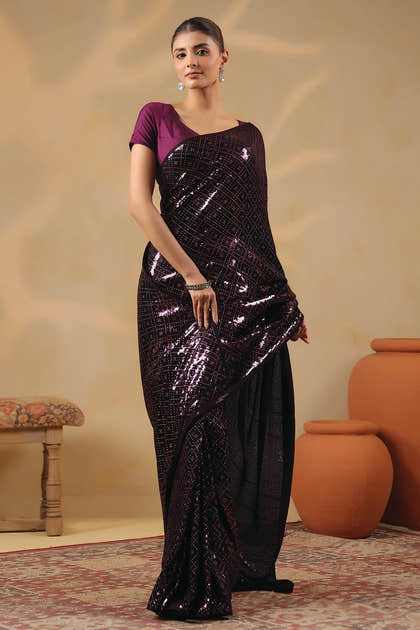 Wine Georgette Sequins Embroidered Saree