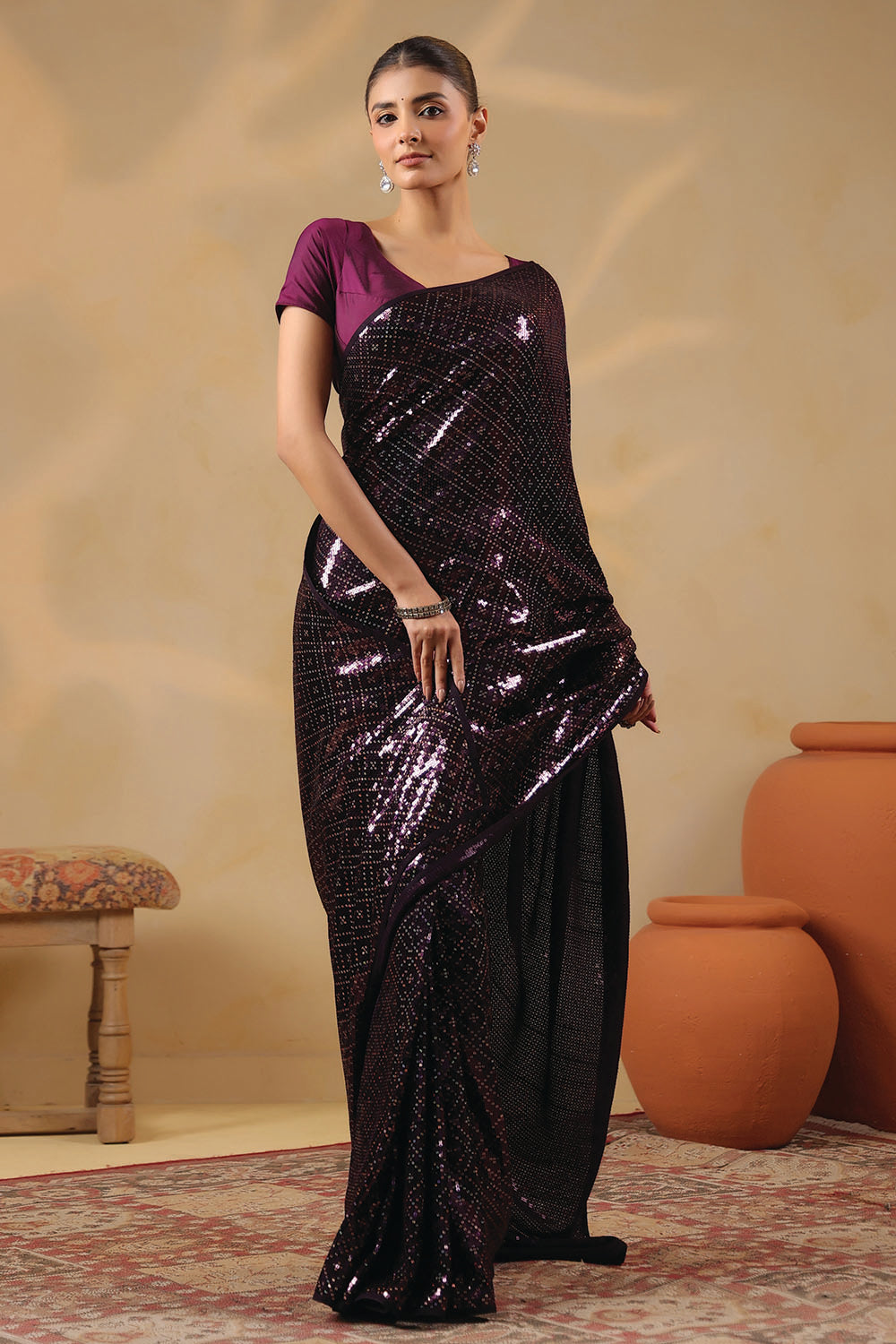 Wine Georgette Sequins Embroidered Saree