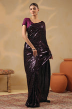 Wine Georgette Sequins Embroidered Saree